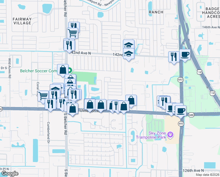 map of restaurants, bars, coffee shops, grocery stores, and more near 1500 Monterey Lakes Drive in Largo