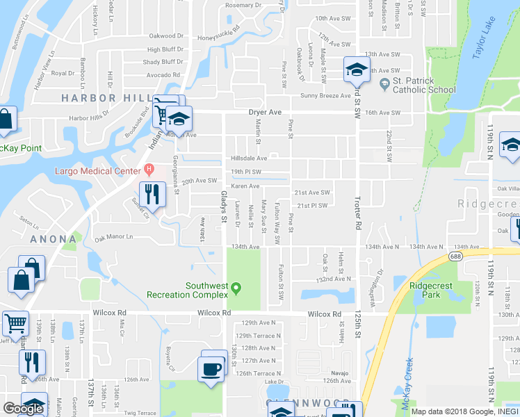 map of restaurants, bars, coffee shops, grocery stores, and more near 2146 Mary Sue Street in Largo