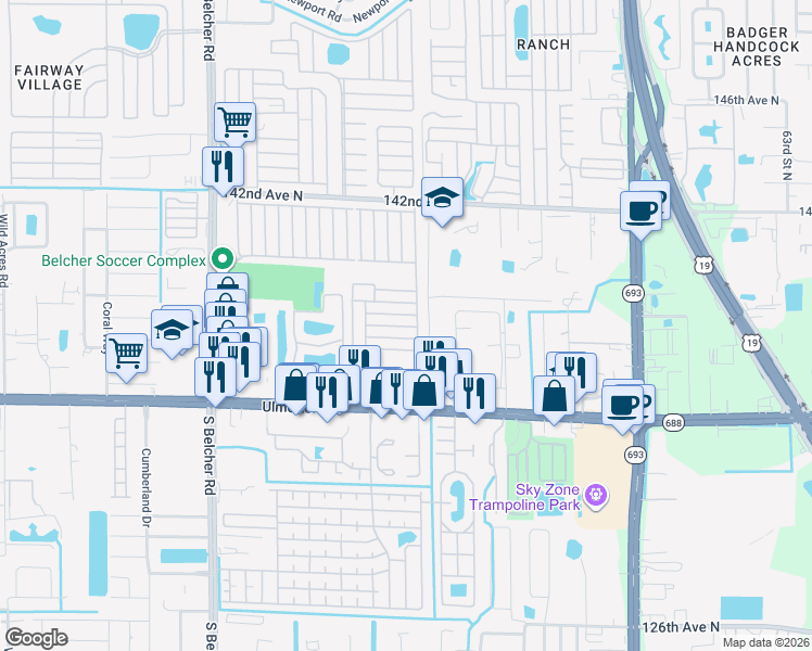 map of restaurants, bars, coffee shops, grocery stores, and more near 7349 Ulmerton Road in Largo