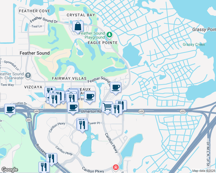 map of restaurants, bars, coffee shops, grocery stores, and more near 13740 Eagles Walk Drive in Clearwater