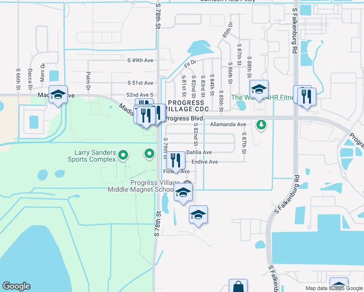 map of restaurants, bars, coffee shops, grocery stores, and more near 7913 Croton Avenue in Tampa