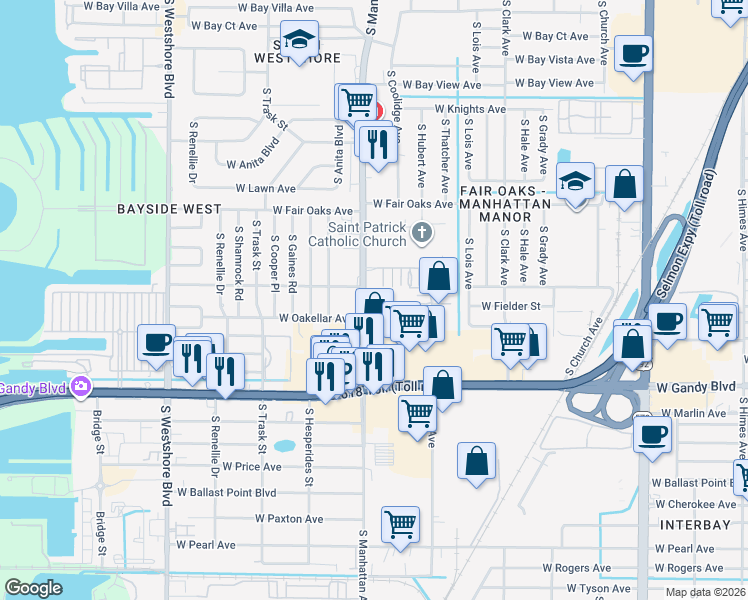 map of restaurants, bars, coffee shops, grocery stores, and more near 4335 Aegean Drive in Tampa