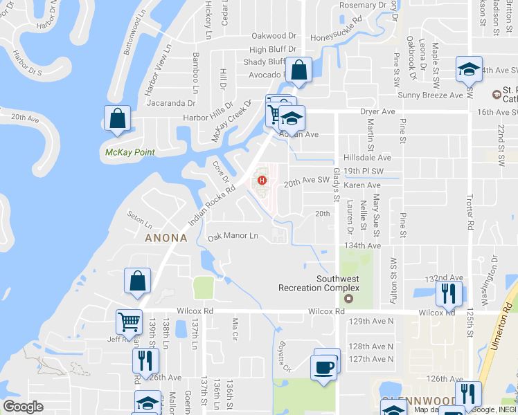 map of restaurants, bars, coffee shops, grocery stores, and more near 2164 Sunset Circle in Largo