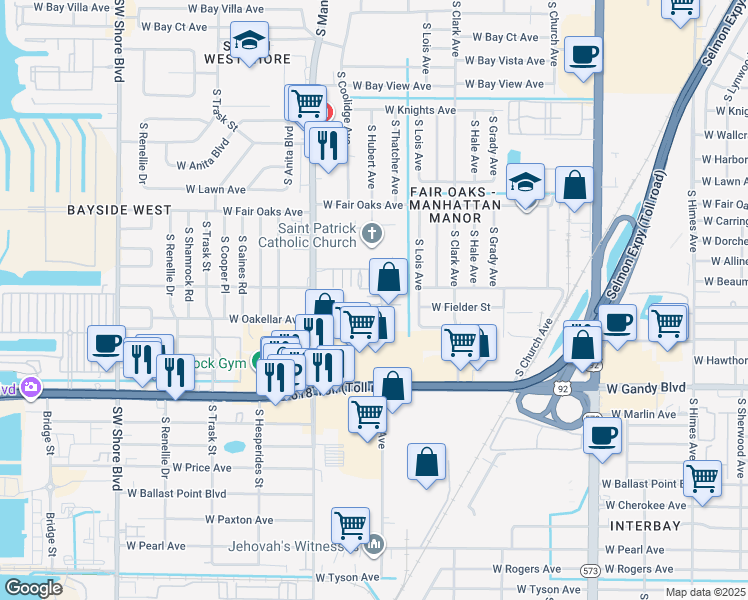 map of restaurants, bars, coffee shops, grocery stores, and more near 4335 Aegean Drive in Tampa
