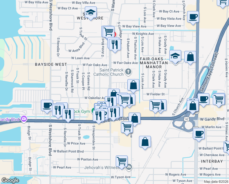 map of restaurants, bars, coffee shops, grocery stores, and more near 4315 Aegean Drive in Tampa