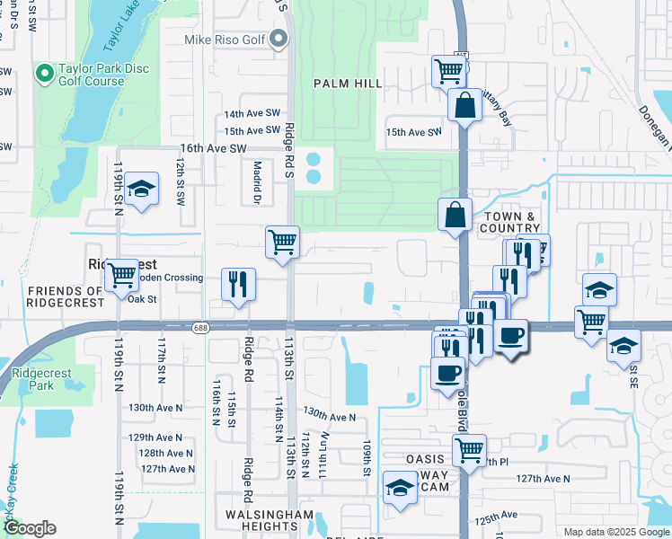 map of restaurants, bars, coffee shops, grocery stores, and more near 2141 Ridge Road South in Largo