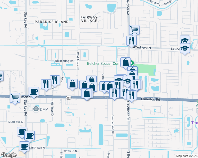 map of restaurants, bars, coffee shops, grocery stores, and more near 2115 Palm Way in Largo
