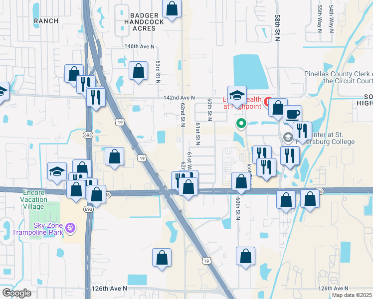 map of restaurants, bars, coffee shops, grocery stores, and more near 13734 61st Way North in Clearwater