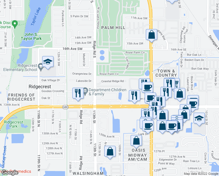 map of restaurants, bars, coffee shops, grocery stores, and more near 2141 Ridge Road South in Largo