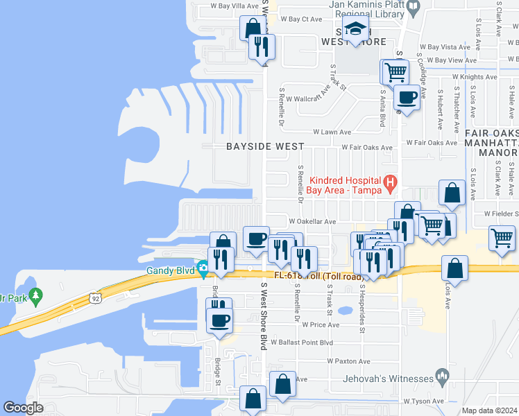 map of restaurants, bars, coffee shops, grocery stores, and more near 34 1st Boulevard in Tampa