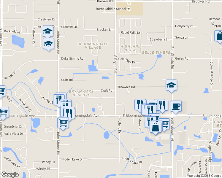 map of restaurants, bars, coffee shops, grocery stores, and more near 406 Craft Road in Brandon