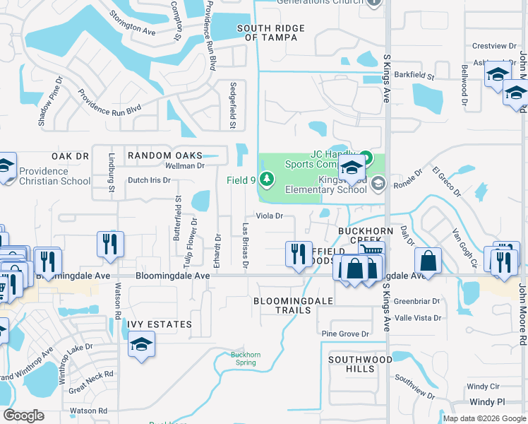 map of restaurants, bars, coffee shops, grocery stores, and more near 1410 Viola Drive in Brandon