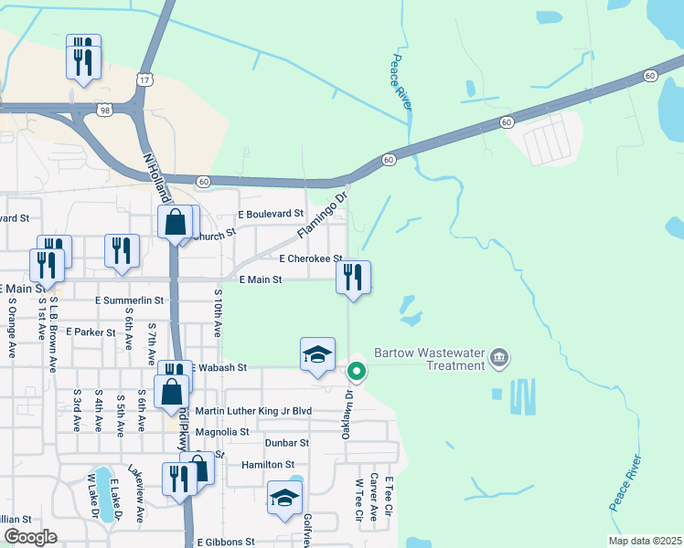 map of restaurants, bars, coffee shops, grocery stores, and more near 2180 East Main Street in Bartow