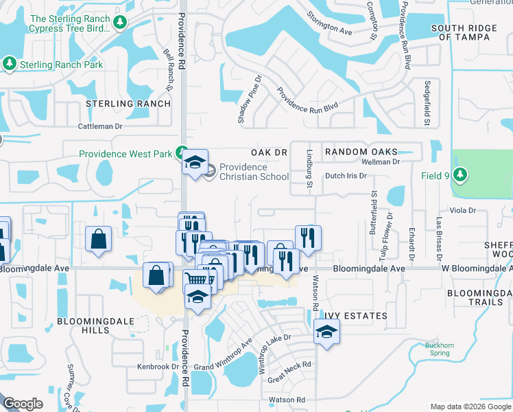 map of restaurants, bars, coffee shops, grocery stores, and more near 11328 American Holly Drive in Riverview