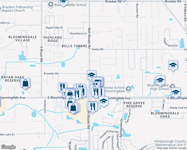 map of restaurants, bars, coffee shops, grocery stores, and more near 1054 Golden Willow Court in Brandon
