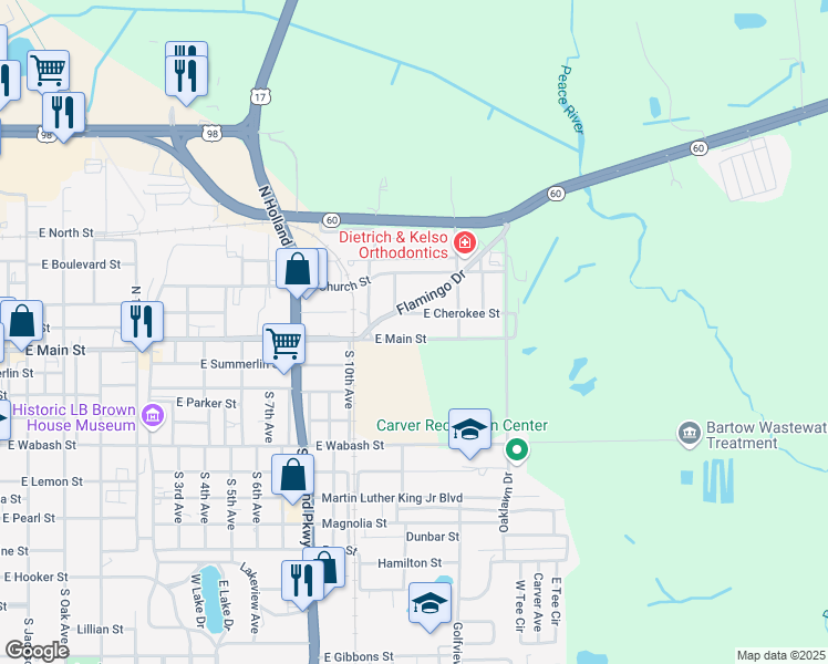 map of restaurants, bars, coffee shops, grocery stores, and more near 1680 East Main Street in Bartow