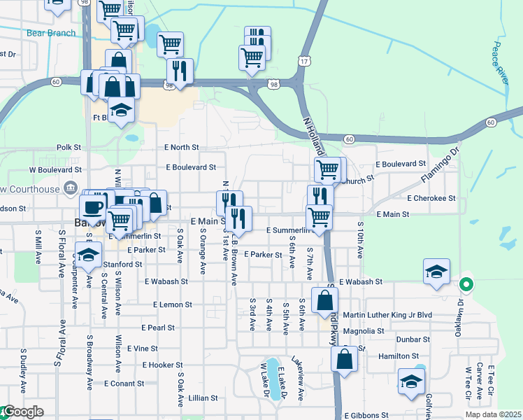 map of restaurants, bars, coffee shops, grocery stores, and more near 1040 East Main Street in Bartow