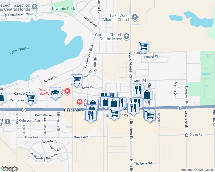 map of restaurants, bars, coffee shops, grocery stores, and more near 1433 Thousand Roses Avenue West in Lake Wales