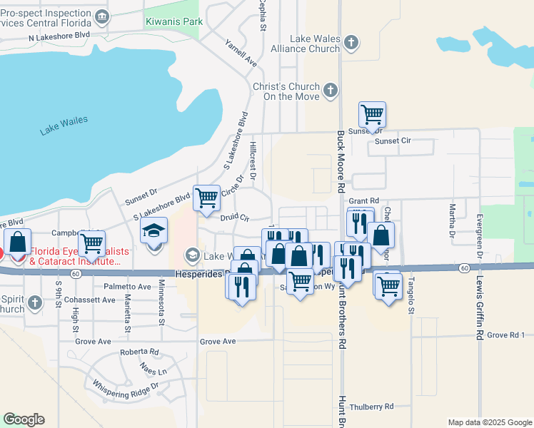 map of restaurants, bars, coffee shops, grocery stores, and more near 1243 Druid Circle in Lake Wales