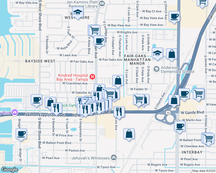 map of restaurants, bars, coffee shops, grocery stores, and more near 4335 Aegean Drive in Tampa