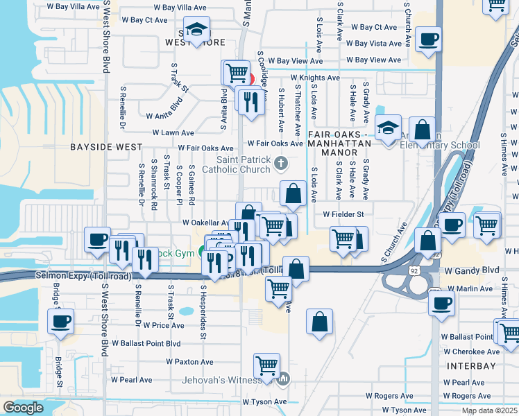 map of restaurants, bars, coffee shops, grocery stores, and more near 4335 Aegean Drive in Tampa