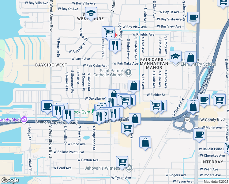 map of restaurants, bars, coffee shops, grocery stores, and more near 4335 Aegean Drive in Tampa