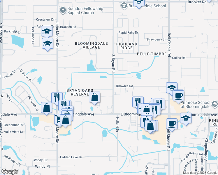 map of restaurants, bars, coffee shops, grocery stores, and more near 406 Craft Road in Brandon