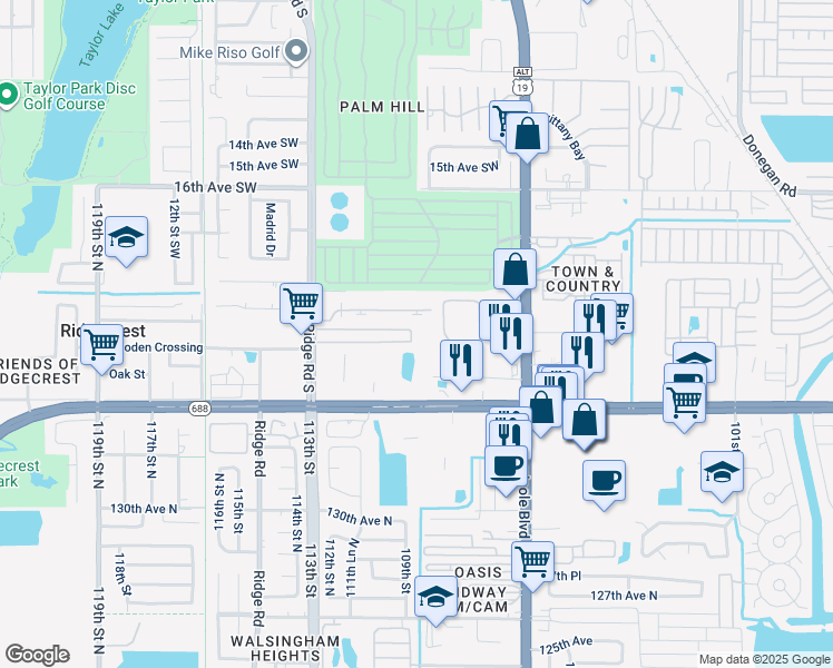 map of restaurants, bars, coffee shops, grocery stores, and more near 2141 Ridge Road in Largo