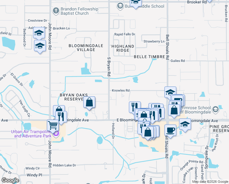 map of restaurants, bars, coffee shops, grocery stores, and more near 607 Knowles Road in Brandon
