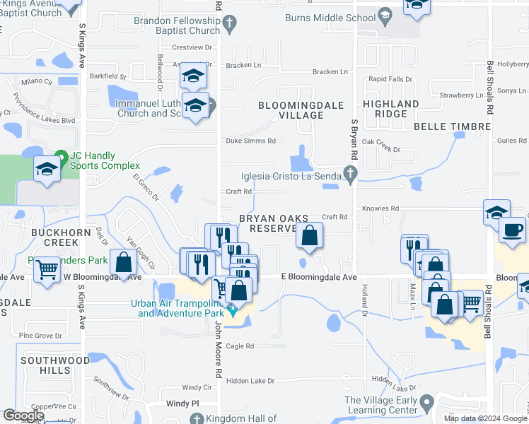 map of restaurants, bars, coffee shops, grocery stores, and more near 220 Bryan Oak Avenue in Brandon