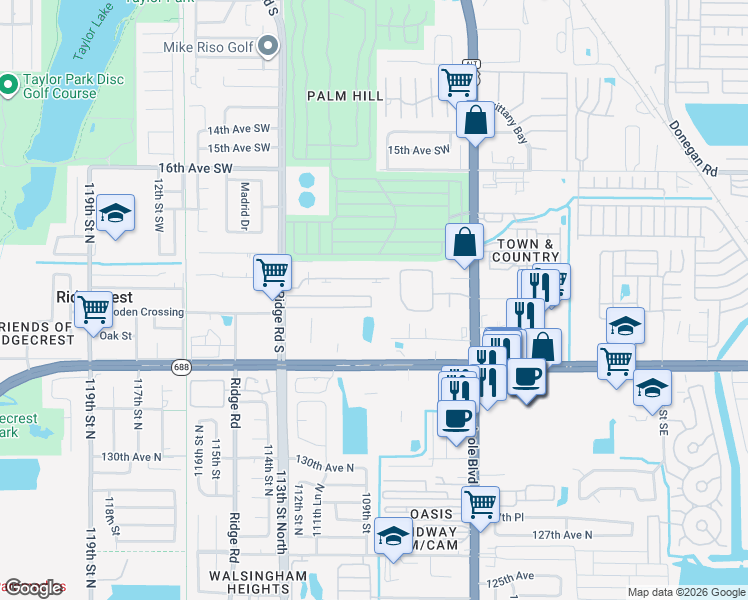 map of restaurants, bars, coffee shops, grocery stores, and more near 2141 Ridge Road in Largo