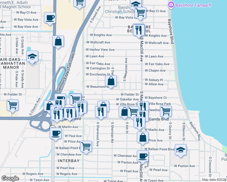 map of restaurants, bars, coffee shops, grocery stores, and more near 3214 West Coachman Avenue in Tampa