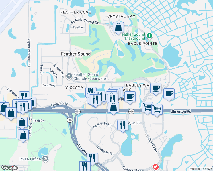 map of restaurants, bars, coffee shops, grocery stores, and more near 13714 Marseilles Court in Clearwater