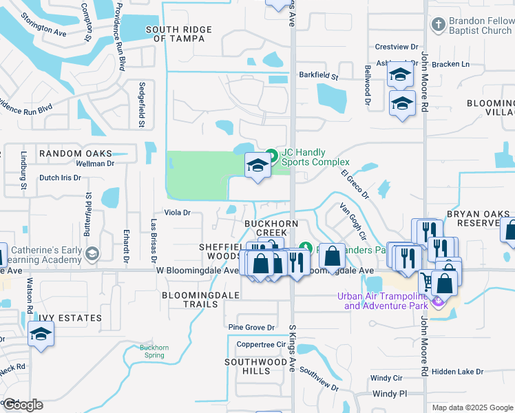 map of restaurants, bars, coffee shops, grocery stores, and more near 860 Creekway Court in Brandon