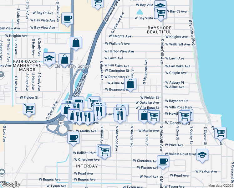 map of restaurants, bars, coffee shops, grocery stores, and more near 3307 Home Court in Tampa