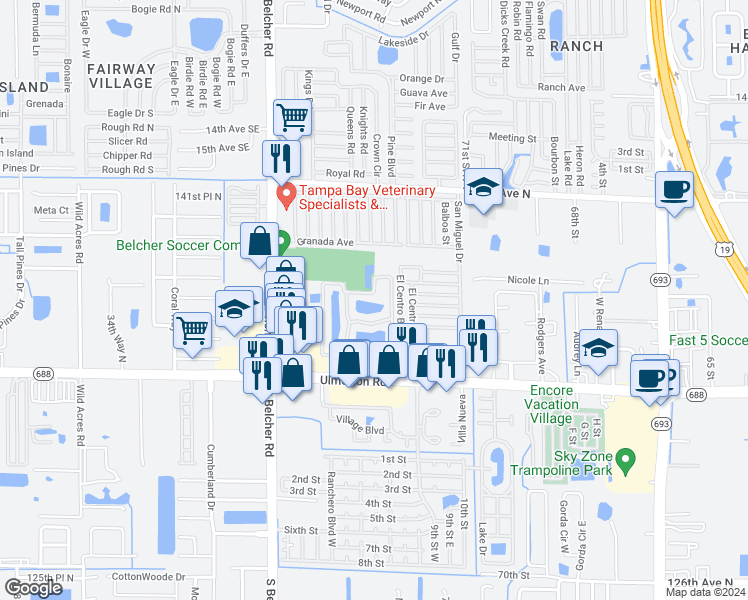 map of restaurants, bars, coffee shops, grocery stores, and more near 1100 Monterey Lakes Drive in Largo