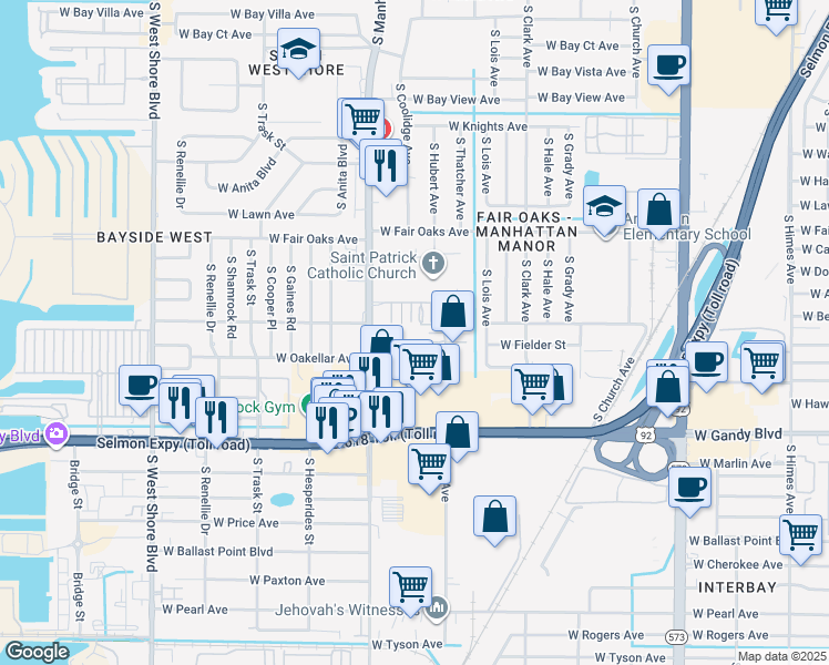 map of restaurants, bars, coffee shops, grocery stores, and more near 4335 Aegean Drive in Tampa