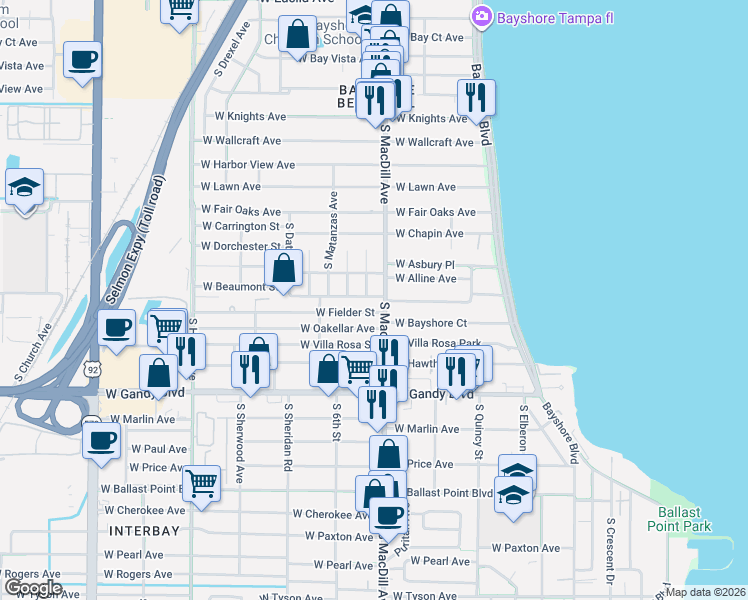 map of restaurants, bars, coffee shops, grocery stores, and more near 3101 West Fielder Street in Tampa