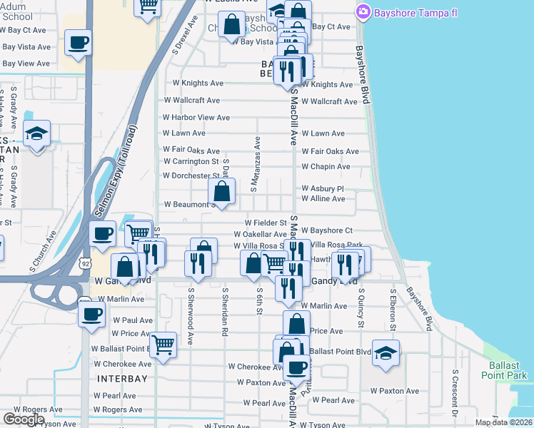 map of restaurants, bars, coffee shops, grocery stores, and more near 3119 West Fielder Street in Tampa