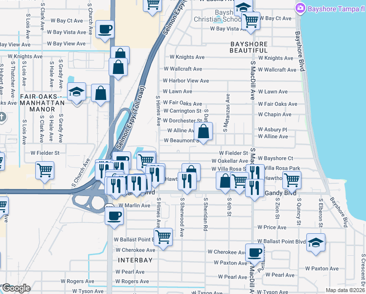 map of restaurants, bars, coffee shops, grocery stores, and more near 3307 Home Court in Tampa