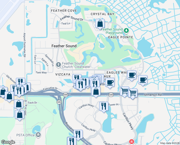 map of restaurants, bars, coffee shops, grocery stores, and more near 13714 Marseilles Court in Clearwater