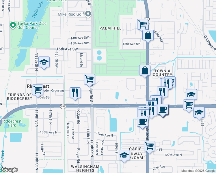map of restaurants, bars, coffee shops, grocery stores, and more near 2141 Ridge Road South in Largo