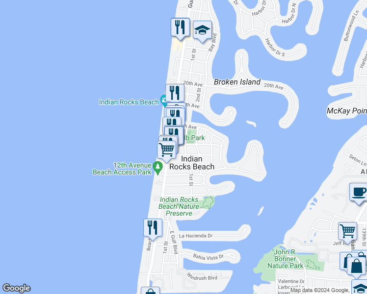 map of restaurants, bars, coffee shops, grocery stores, and more near 108 14th Avenue North in Indian Rocks Beach