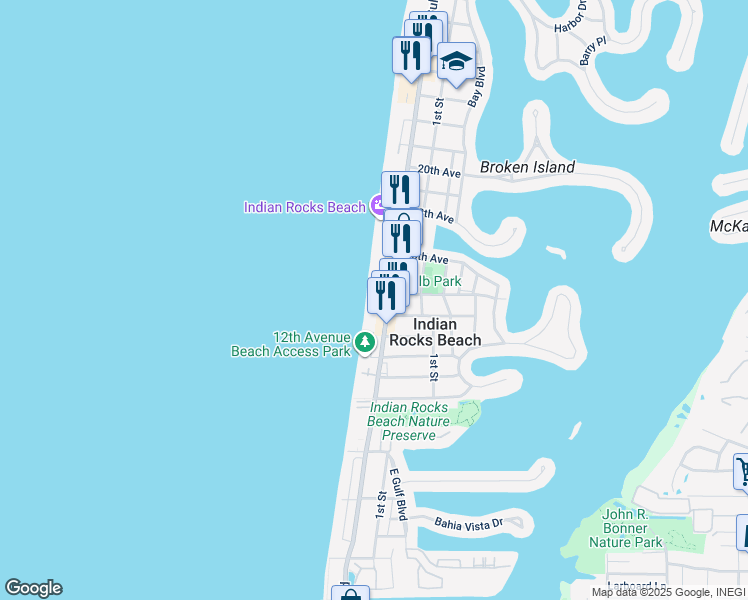 map of restaurants, bars, coffee shops, grocery stores, and more near 1 15th Avenue in Indian Rocks Beach