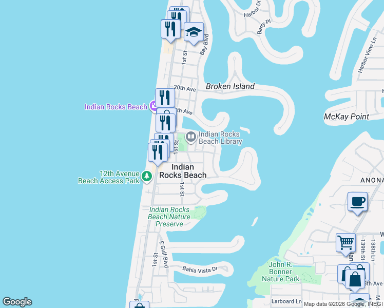map of restaurants, bars, coffee shops, grocery stores, and more near 305 15th Avenue in Indian Rocks Beach