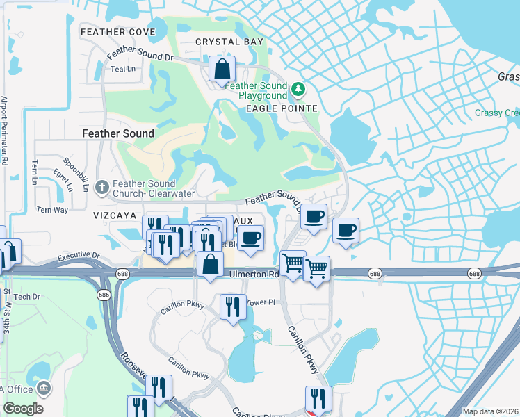 map of restaurants, bars, coffee shops, grocery stores, and more near 2241 Heron Circle in Clearwater