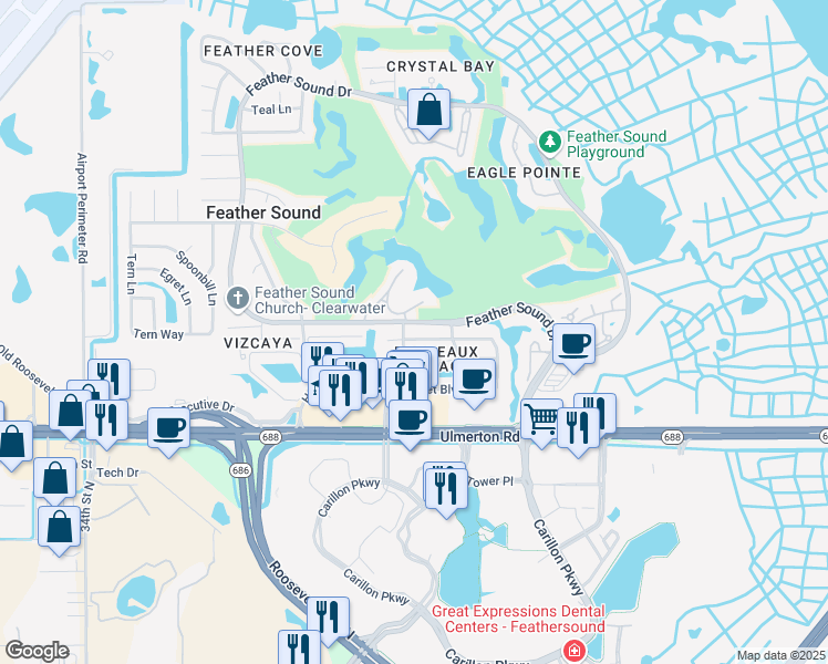 map of restaurants, bars, coffee shops, grocery stores, and more near 2497 Heron Terrace in Clearwater