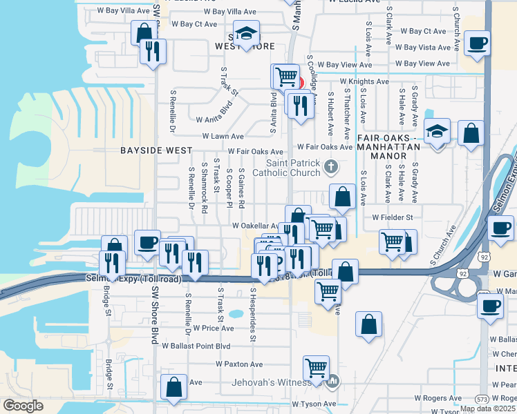 map of restaurants, bars, coffee shops, grocery stores, and more near 4603 South Hesperides Street in Tampa