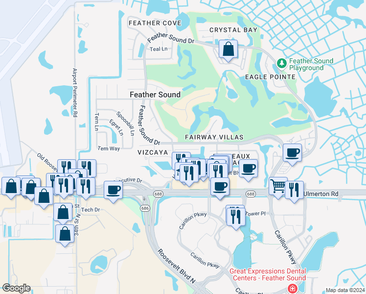 map of restaurants, bars, coffee shops, grocery stores, and more near 13663 Feather Sound Circle East in Clearwater