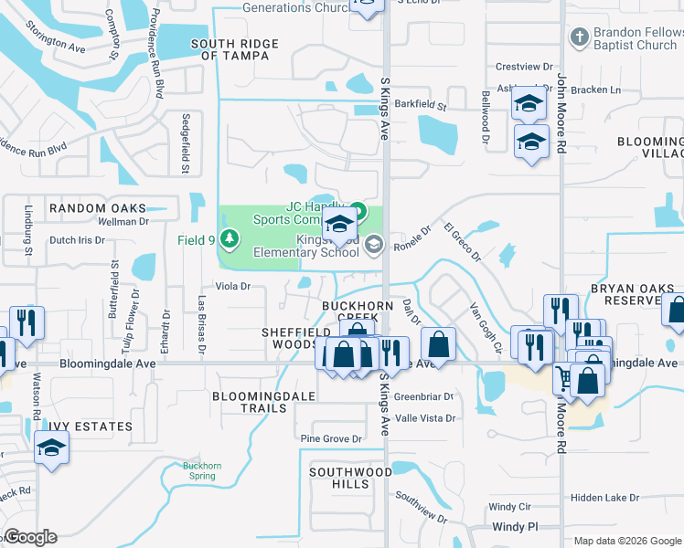 map of restaurants, bars, coffee shops, grocery stores, and more near 853 Creekway Court in Brandon